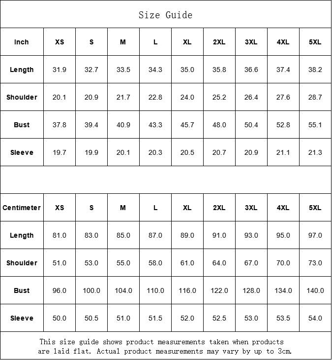 Size guide chart with measurements in inches.