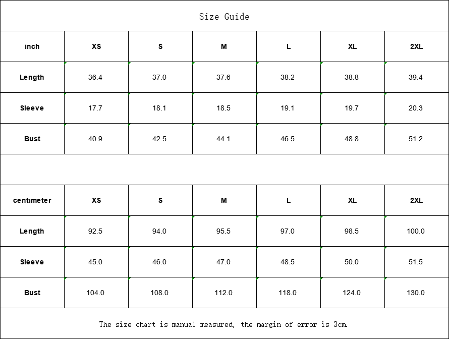Clothing size guide in inches and centimeters.