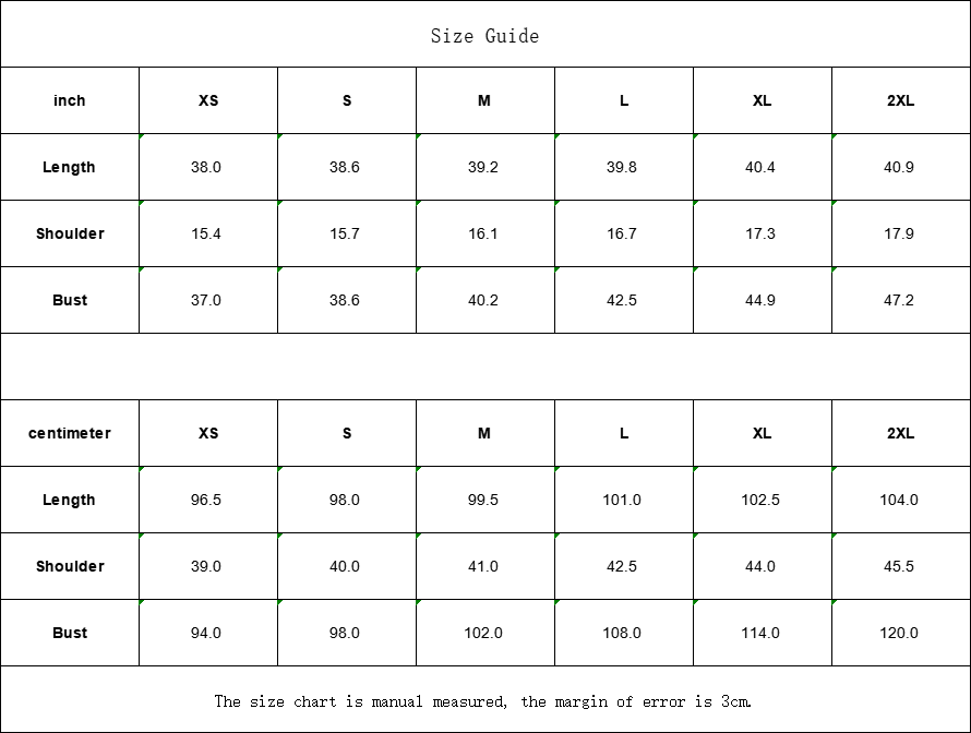 Clothing size guide in inches and centimeters.