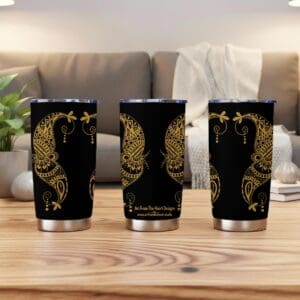 Black tumblers with ornate golden designs.