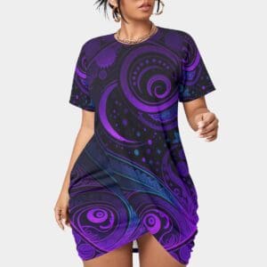 Woman wearing a vibrant purple swirl dress.
