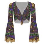 Colorful patterned long-sleeve crop top.