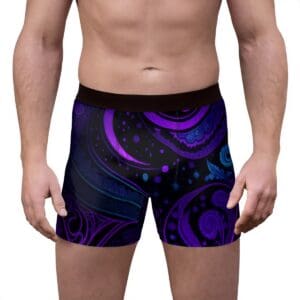 Man wearing colorful, patterned boxer shorts.