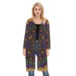 Woman wearing colorful patterned cardigan.