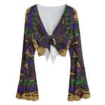 Colorful bohemian-style patterned tie-front blouse.