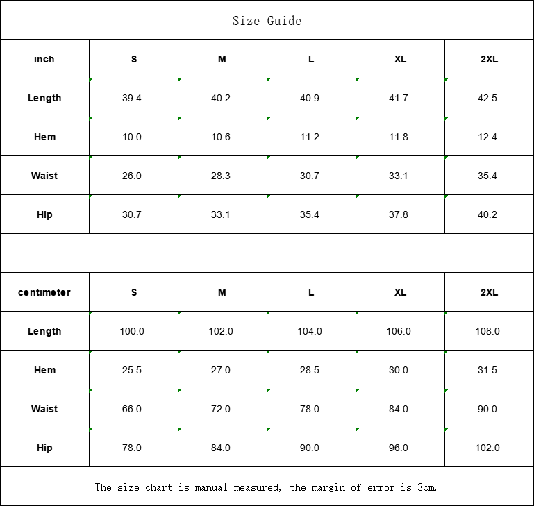 Clothing size guide in inches and centimeters.