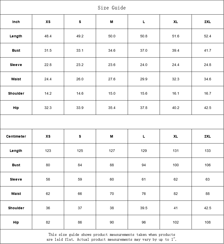Size guide chart with measurements in inches.